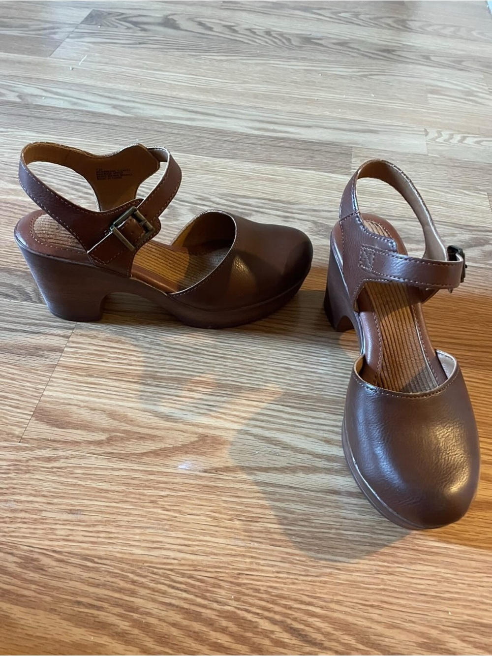 b.o.c. Brown Leather-Look Mary Jane Clog Heels with Ankle Strap